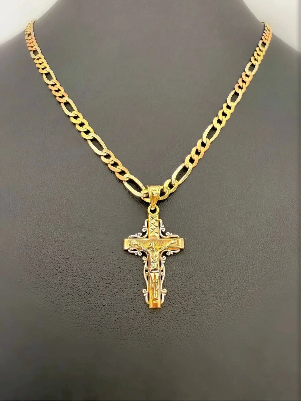 14k Solid Yellow Rose White Gold Three Tone Cross Diamond Cut Religious Charm Pe